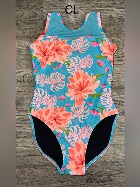 Kids Floral One-Piece leotard - Blue with Coral Flowers